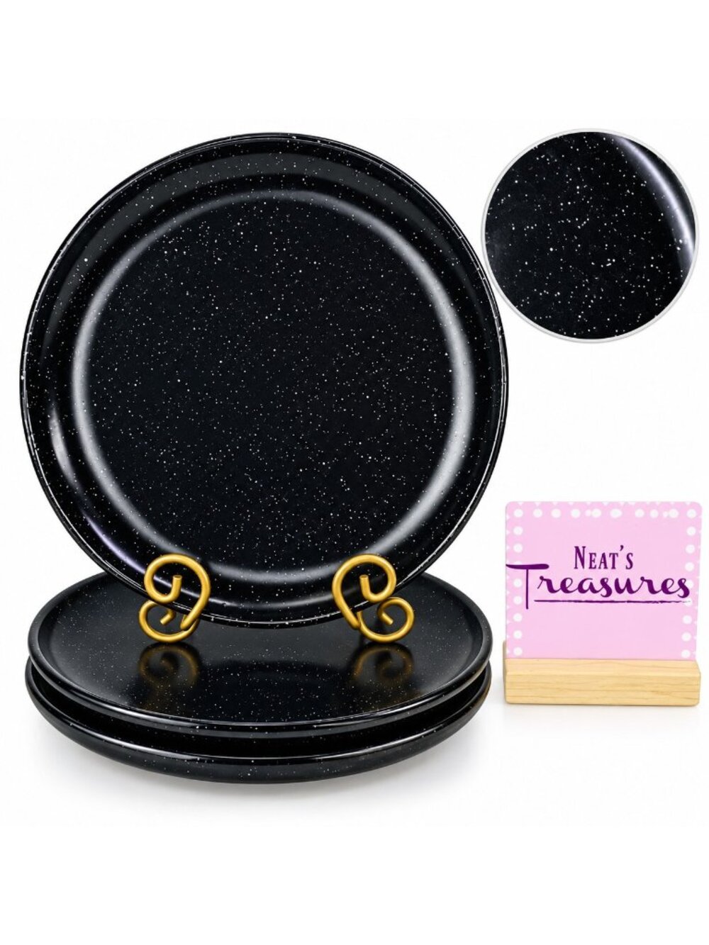 Godinger Gatherings ECLIPSE Black White Speckled Stoneware Dinner Plates Set 3